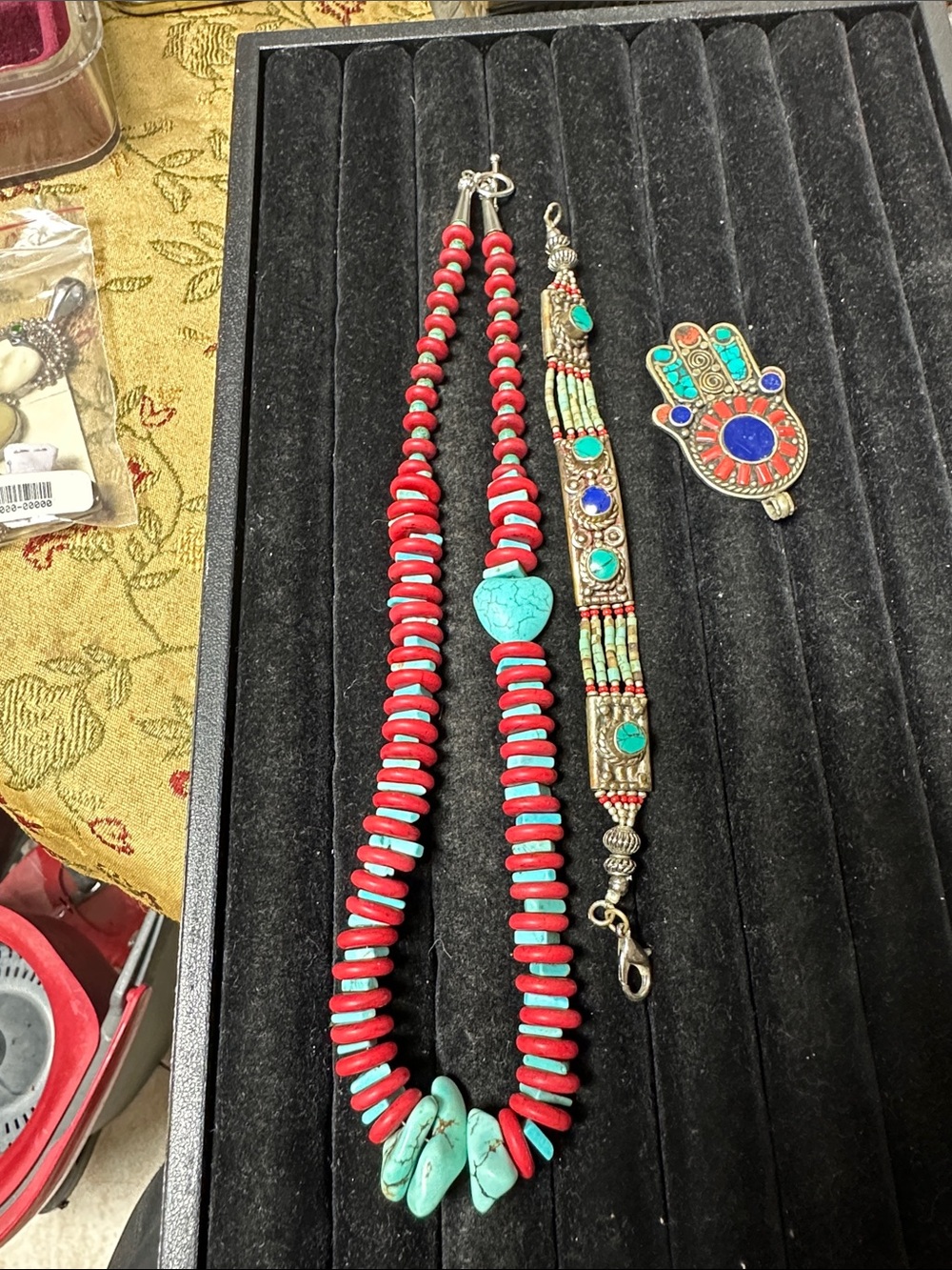 Handmade Red and Turquoise Beaded Necklace with Silver Accents